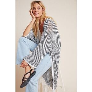 Anthro Akemi + Kin Kimono Cardigan Duster Fringe Black White Knit Sweater 1 Size